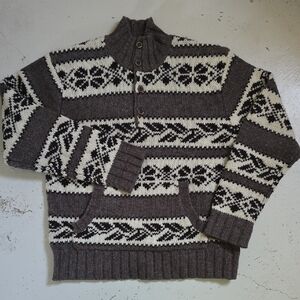 Y2K Hollister Co Men's 100% Wool Ski Sweater Quarter Button Up Brown Taupe M